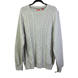 IZOD Sweater Light Grey Cotton Cable‎ Knit Preppy Irish Ski Crew Neck- NWT